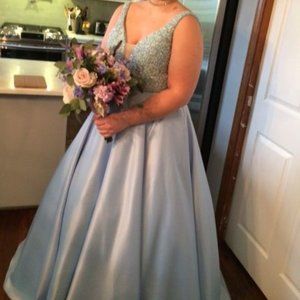 Beaded Blue Satin Prom Gown
